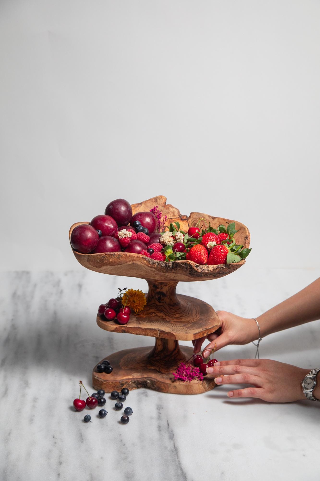 Handmade Olive Wood Tiered Stand: One-of-a-Kind Rustic Serving Display