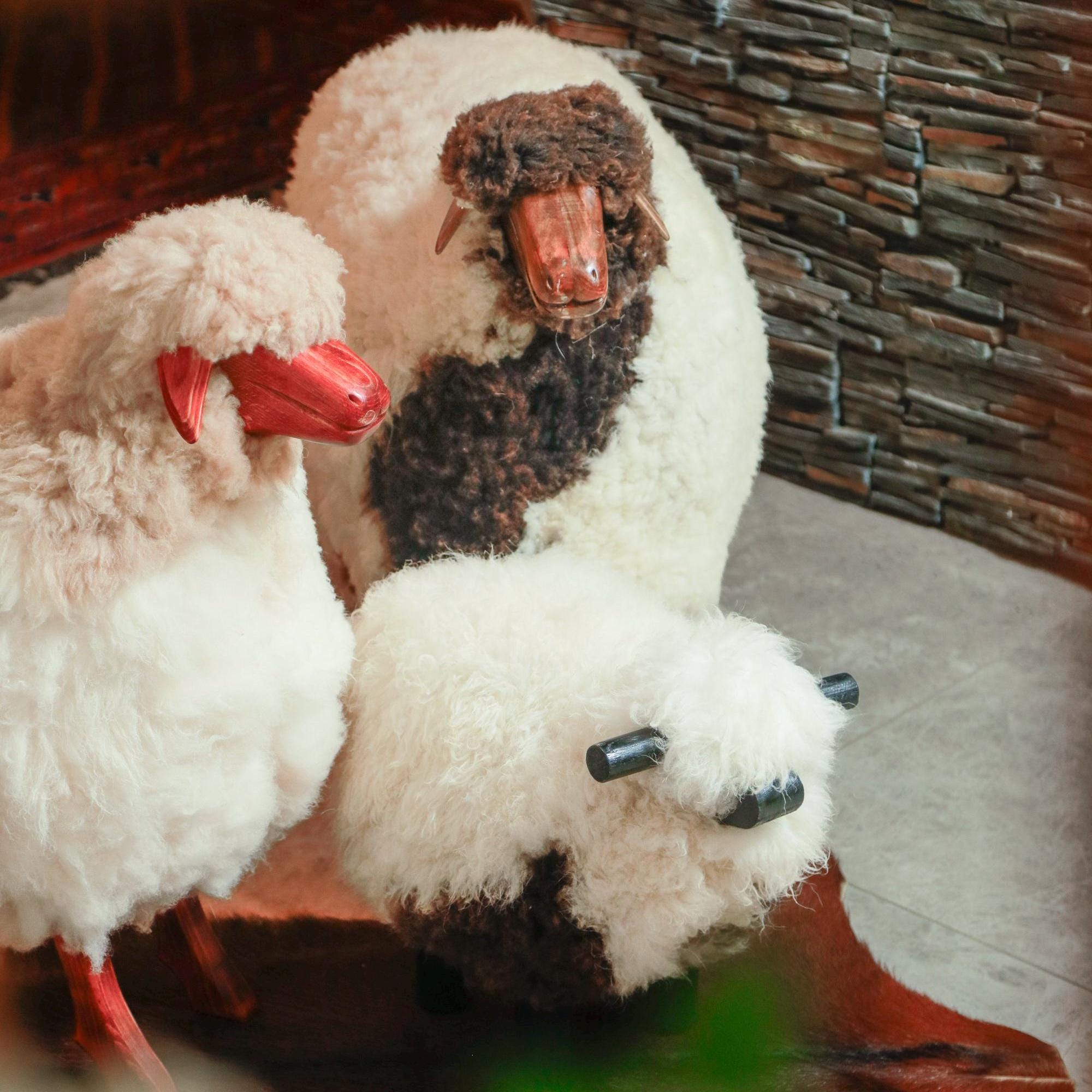 Handmade Sheep Stool: Wooden & Sheepskin Decorative Chair - Thumbnail 5