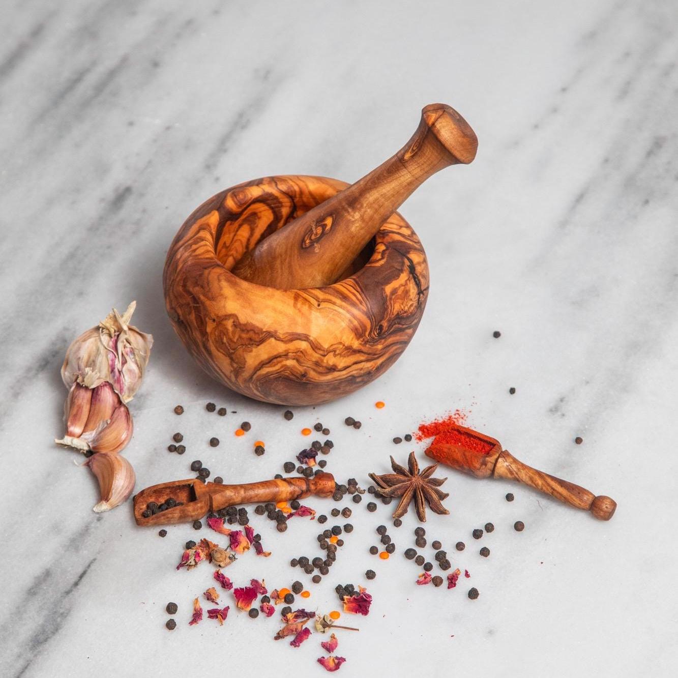 Handmade Olive Wood Mortar and Pestle – Rustic Kitchen Decor - Thumbnail 6