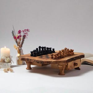 Rustic Chess Board with Storage and Pieces; Handmade Premium Olive Wood Board Game| Unique Gift for Chess Lovers| Wood Home| Red Chess Board