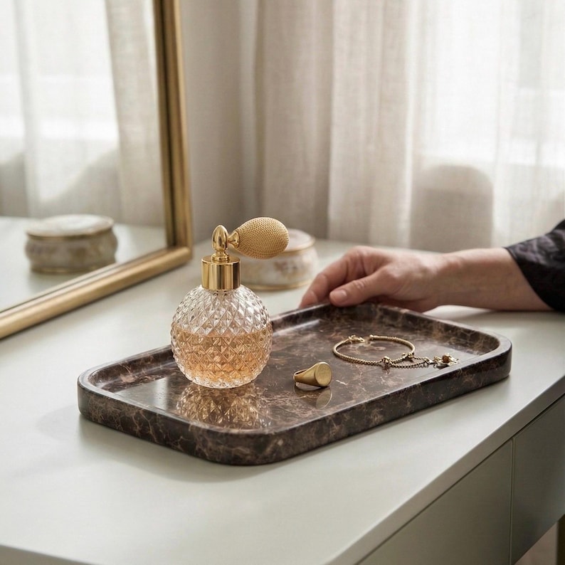 Luxury Brown Marble Vanity Tray - Handmade Natural Stone Tray - Bathroom Organizer Set - Hand Polished Decorative Tray for Housewarming Gift image 2