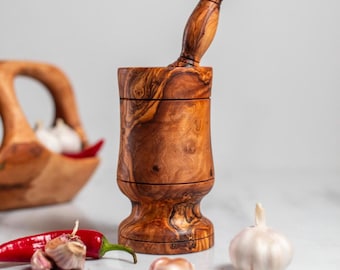 Handcrafted Olive Wood Mortar and Pestle - Natural Herb Grinder for Spices, Garlic & Pesto - Eco Friendly Rustic Mediterranean Kitchen Decor