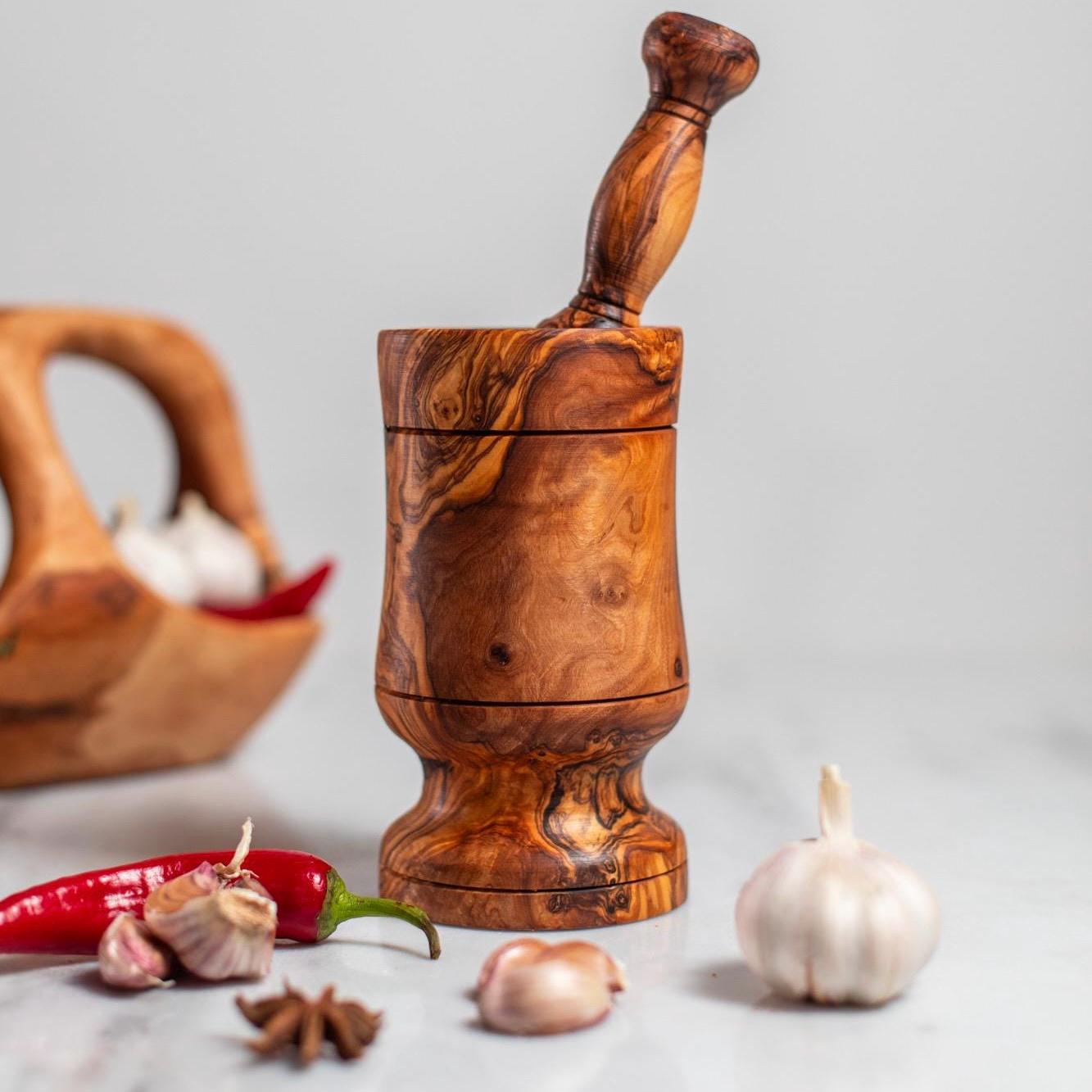 Handmade Olive Wood Mortar and Pestle – Rustic Kitchen Decor