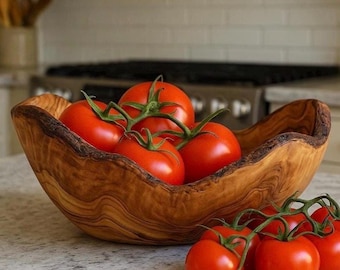 Olive Wood Bowl Sculpture for Kitchen Decor - Handmade Wooden Serving Bowl - Rustic Centerpiece Fruit & Bread Storage - Decorative Bowl
