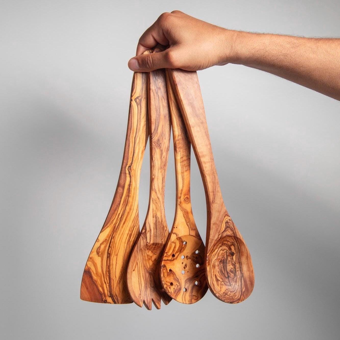 Handmade Olive Wood Utensil Set with Holder – Rustic Kitchen Tools - Thumbnail 2