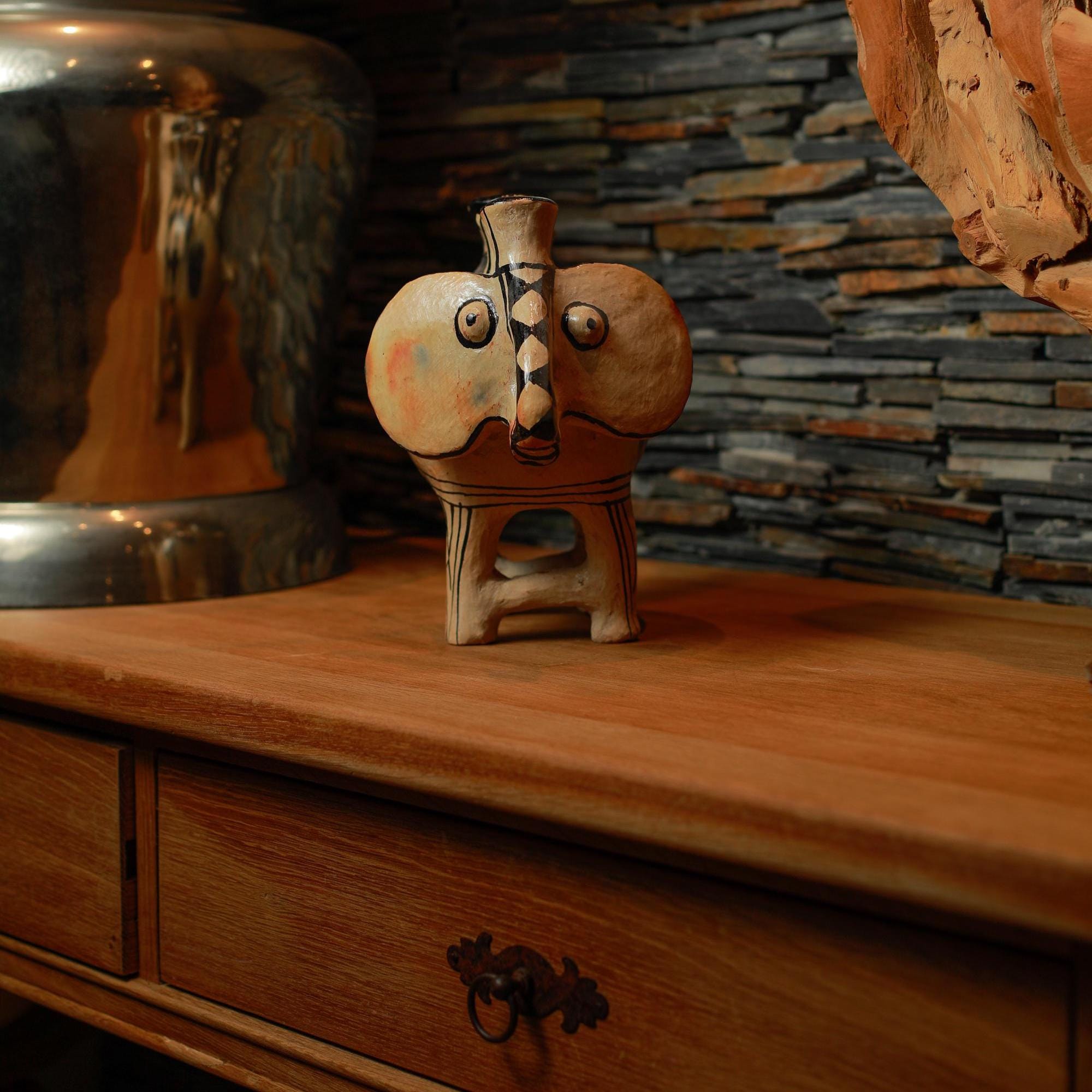 Handmade Pottery Elephant Tealight Holder – Tunisian Clay Decor - Thumbnail 4