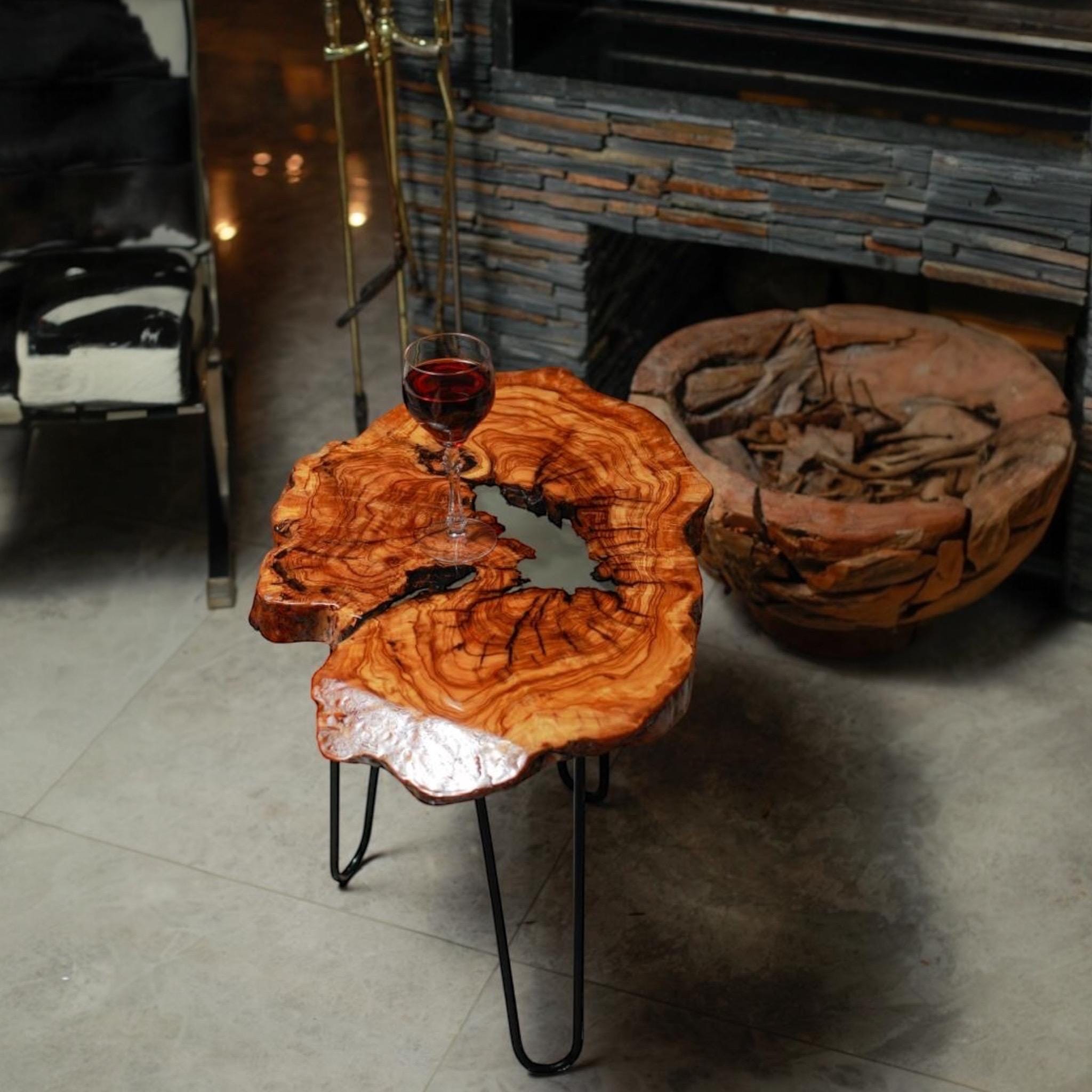 Handmade Olive Wood Live Edge Coffee table with Resin, Unique coffee table,  Natural Olive Tree Solid Wood Side Table - Thumbnail 4