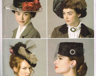 May include: A vintage sewing pattern for four different hats. The pattern is for a black and white hat with a veil, a black hat with a feather, a black hat with a flower, and a black hat with a bow. The pattern is from Butterick and is labeled B6397.