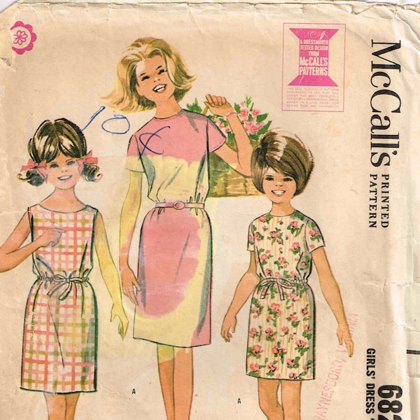 Sewing Pattern Girls Slim Dress sleeveless or short set in sleeves Vintage 1960s McCalls 6829 Children Size 14 Bust 32 Cut