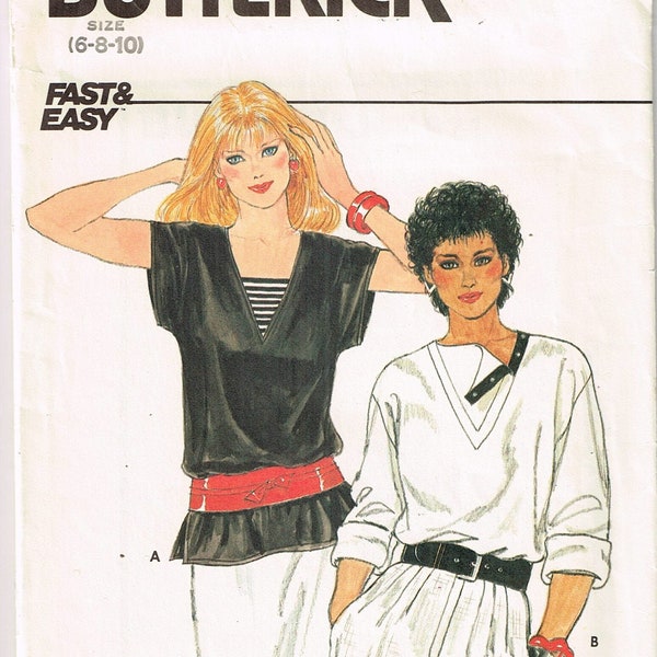 Butterick 4921 Pullover Tops Sewing Pattern Square Neckline with Extended Shoulder Vintage 1980s Misses Size 6 8 10 Cut