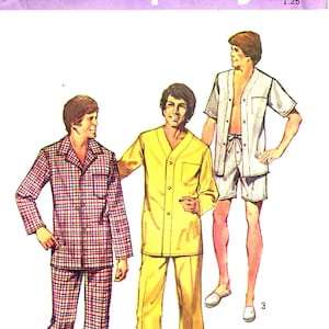May include: A vintage Simplicity sewing pattern for men's pajamas. The pattern shows three different styles of pajamas, including a plaid pajama set, a yellow pajama set, and a white short-sleeved pajama set. The pattern number is 5946.