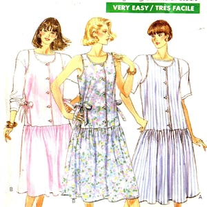May include: A sewing pattern featuring three different dress styles. The dresses are sleeveless and have a button-up front. The pattern is labeled "VERY EASY/TRES FACILE".