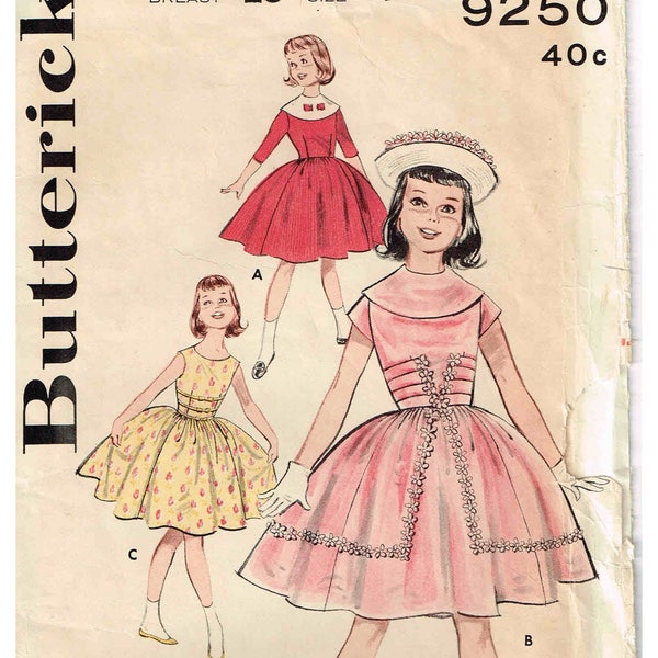Sewing Pattern Vintage Girls 1960s Party Dress, Full Skirted with Platter Collar Butterick 9250 Size 7