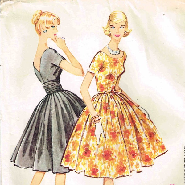 Sewing Pattern Vintage 1950s Fitted Full Skirt Cocktail Dress McCalls 4521, V Back Cap Sleeves Size 12 Bust 34 Cut Complete