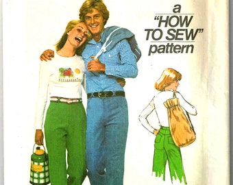 Sewing Pattern 1970s Flat Front Pants, Teen Junior Teen Men Boys Slacks Drawstring Bag Simplicity 7872 Cut Complete