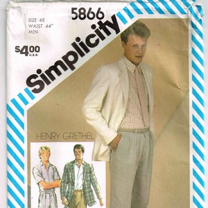 May include: Simplicity pattern 5866 showing a man in a white blazer, light grey trousers, and a pink tie. The pattern includes illustrations of different outfit options. The waist size is 112 cm.