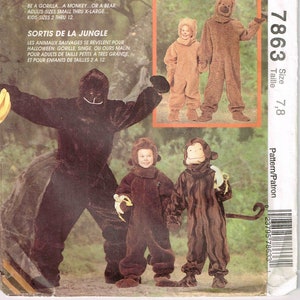 May include: McCall's Costumes pattern for jungle animal costumes, including a gorilla, monkey, and bear. The pattern's text reads "Jungle Fever" and provides size details for adults and children. The image shows the costumes.
