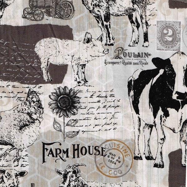 Cotton Fabric Farm Cows Chickens Goats Gray Mational Sewing Fabric 100% Cotton Material 44-45" Wide
