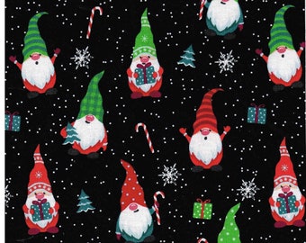 Sewing Fabric Christmas Gnomes with Red and Green Hats on Black 100% Cotton Material