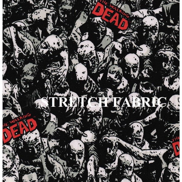 The Walking Dead Knit Stretch Fabric Packed Zombie Faces License Print Quilting 1/4, 1/2, 3/4 Half Yd Black Red
