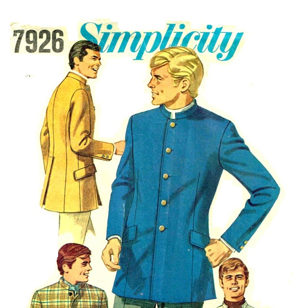 Mens Nehru Lined Slim Fit Jacket Vintage 1960s Simplicity 7926 Sewing Pattern Chest Size 38 Neck 15 Inch