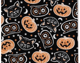 Halloween Cat Owl Pumpkin Skull House Cotton Fabric Traditions Black Gray Yard 