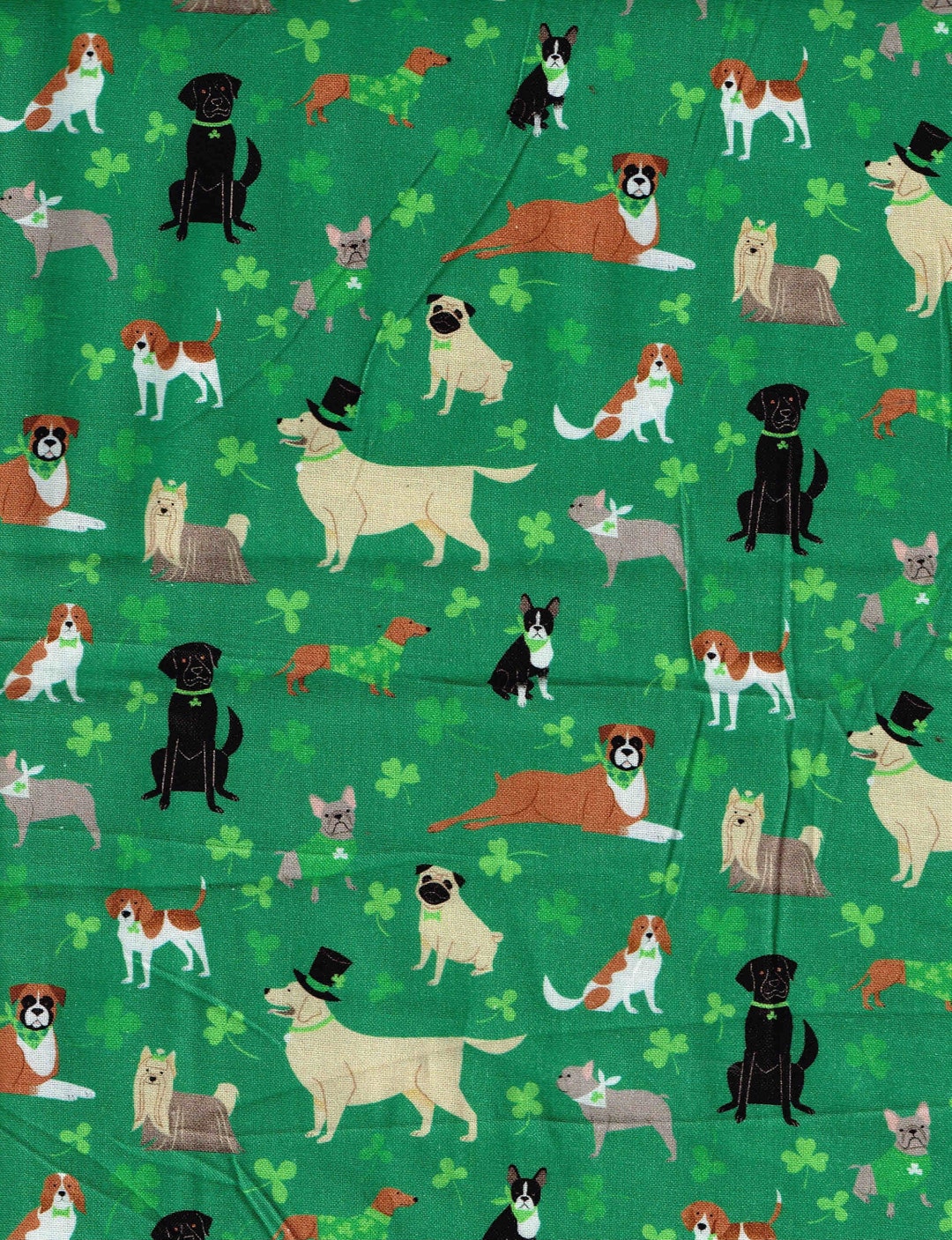 Fabric St Patrick Day Dogs 4 Leaf Mini Clovers Shamrock Irish White and ...