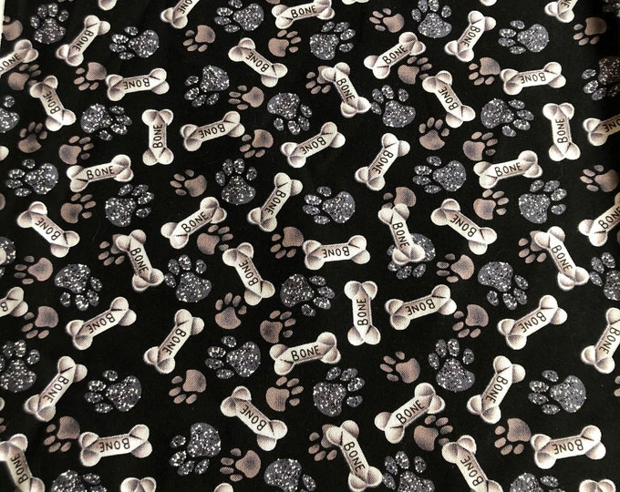 Cotton Fabric Dog Bones Paws Black and White Fabric Print Etsy
