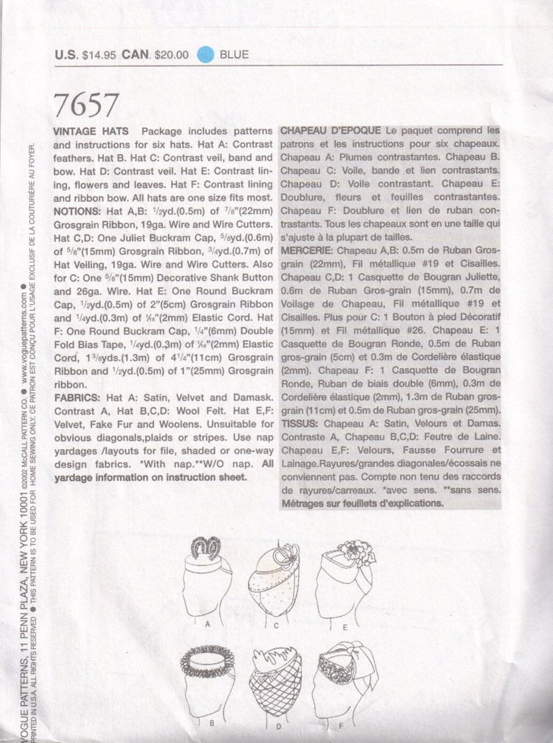 Bird Cage Millinery Vintage Styled Retro 1940s Vogue 7657 P905 WW2 Sewing Pattern Retro Style Pillbox Style Hat
