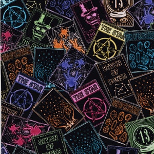 Jeu de cartes de tarot néon en tissu Halloween squelette, rose, vert bleu, soleil, lune, diable, diseur de bonne aventure, marron et beige 100 % coton