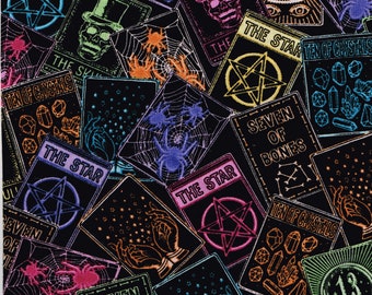 Fabric Tossed Neon Tarot Cards Halloween Skelton, Pink, Green Blue Sun, Moon, Devil, Fortune Telling, Brown and Tan 100% Cotton Material