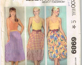 Sewing Pattern Ruffled Tiered Skirt McCalls 6989 Misses Bohemian Boho Vintage 1980s 6 8 Petite Uncut