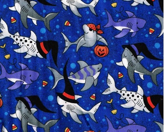 Sewing Fabric Halloween Sharks Blue Gray and White, Laurie Campbell La di draw Inc, Fabric Traditions 100% Cotton