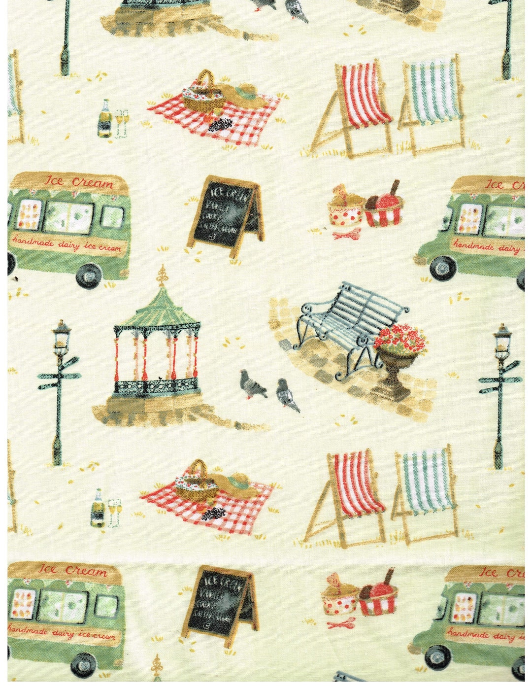 Cotton Fabric Park Benches Beach Chairs and Ice Cream Trucks Beige and Tan Colors by Joann