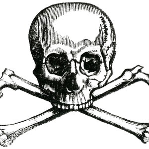 以下が含まれることがあります： 白黒の骸骨と交差した骨のイラスト。骸骨は眼窩、鼻、歯が詳細に描かれている。交差した骨はシンプルで対称的である。