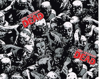 The Walking Dead Cotton Sewing Fabric Packed Zombie Faces License Print Quilting 1/4, 1/2, 3/4 Half Yd Black Red