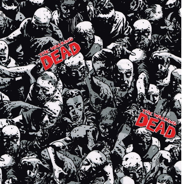 The Walking Dead Cotton Sewing Fabric Packed Zombie Faces License Print Quilting 1/4, 1/2, 3/4 Half Yd Black Red