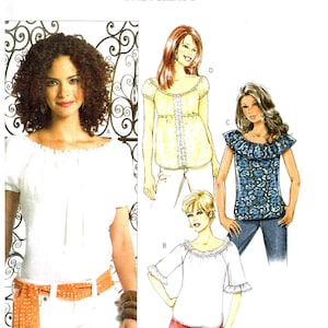May include: A sewing pattern for a women's blouse with a ruffled neckline. The pattern is called "Butterick FAST & EASY" and has the number B4685. The pattern shows three different styles of blouses, all with short sleeves and a ruffled neckline.