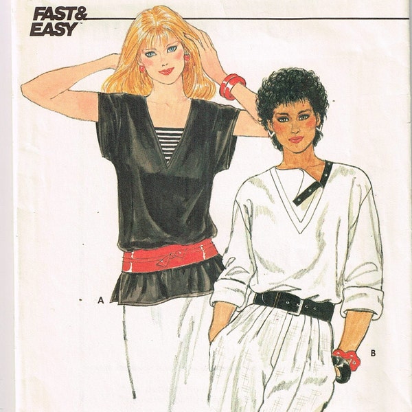 Butterick 4921 Pullover Tops Sewing Pattern V Neckline Top with Extended Shoulder Vintage 1980s Misses Size 6 8 10 Cut