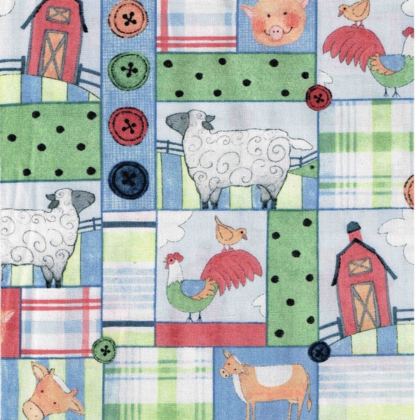 Farm 1/4, 1/2, 1 Yard Fabric Barnyard Animals Cow, Pig, Barn, Sheep, Rooster Country Patch 100% Cotton Fabric Print Quilting .5 Yd