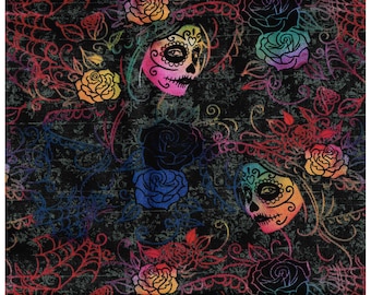 Sugar Skull Woman face Sewing Fabric Tattoo Face Roses, Black, Gray, Blue Pink 100% Cotton Material