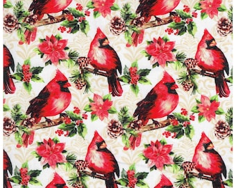 Red Cardinal Birds Sitting on Pinecone Branch 100% Cotton Fabric