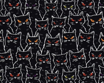 Glow in the Dark Flannel Cotton Fabric Black Cat Faces