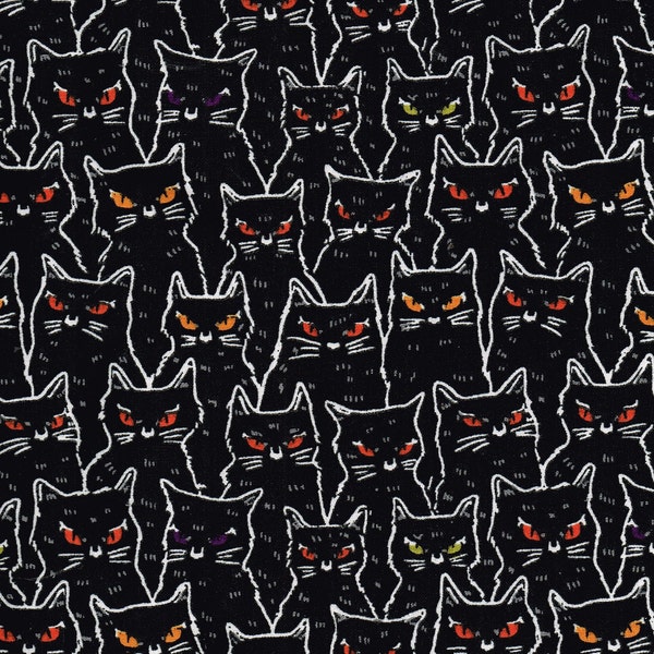 Glow in the Dark Flannel Cotton Fabric Black Cat Faces