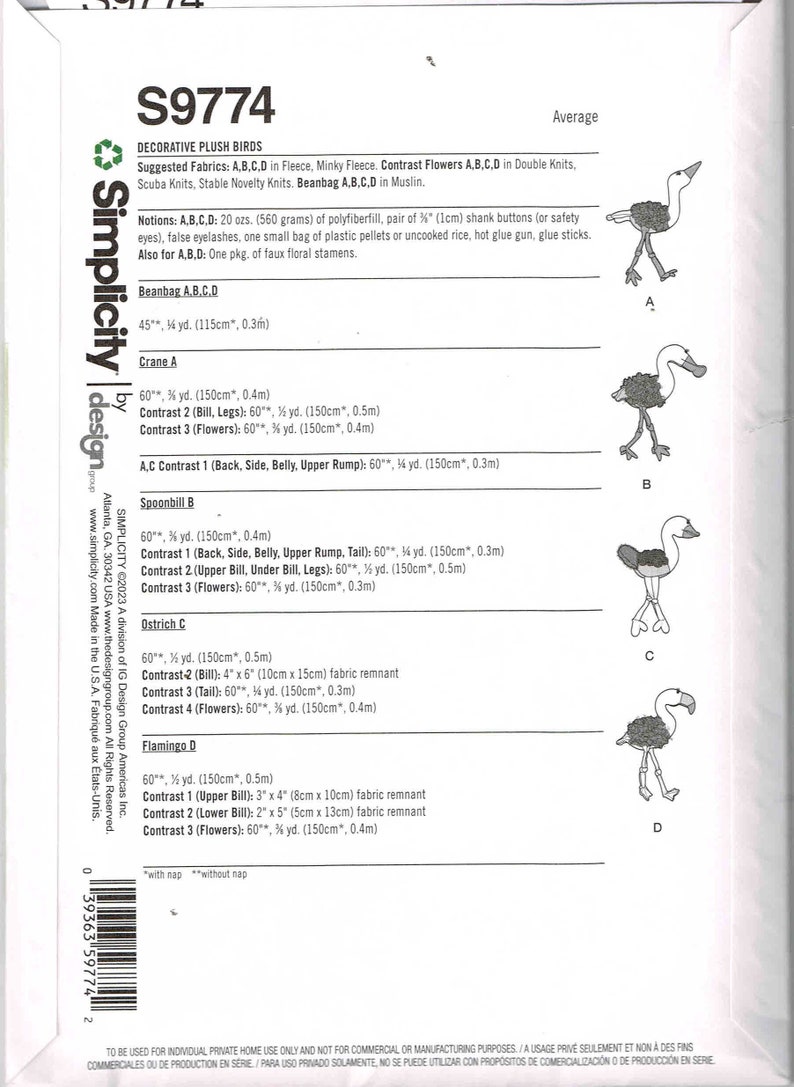 Sewing Pattern Swan, Duck, Ostrich Birds' Simplicity 9774 S9774 Carla ...