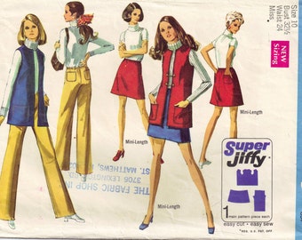 Sewing Pattern Vintage 1960s Hipster Mini Skirt Hip hugger Pants and Vest Misses Simplicity 8411 Size 10 Bust 32.5