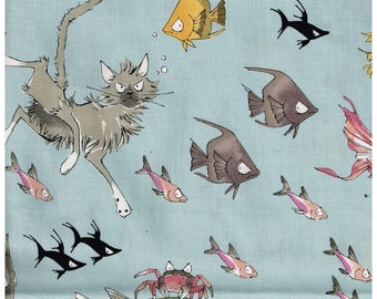 Alexander Henry A Ghastlie Dive 100% Cotton Blue Sewing Fabric Fish Cats Crabs