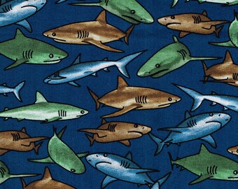 Cotton Fabric Sharks Blue Green and Tan 100% Cotton Material