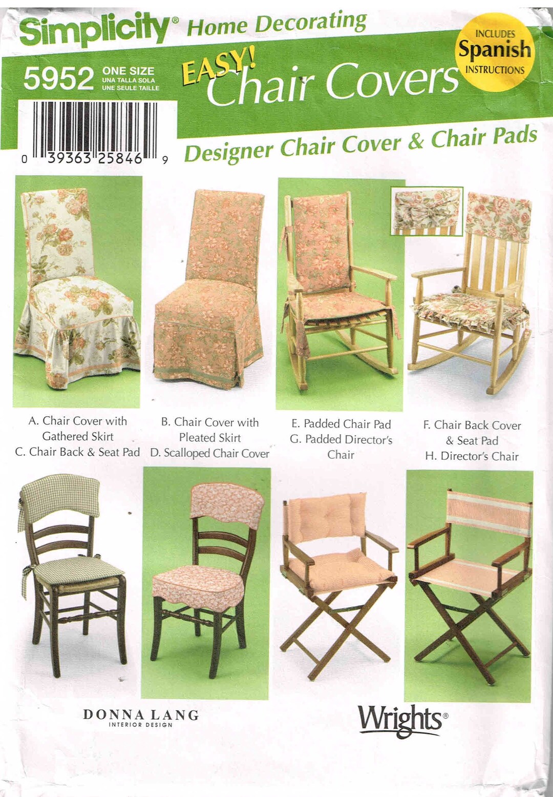 Sewing Pattern Chair Cover and Pads Simplicity 5952, Director, Rocking