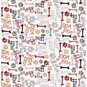 Cotton Fabric Dog Words White Black Bones Paw Prints Sewing Material Bow Wow